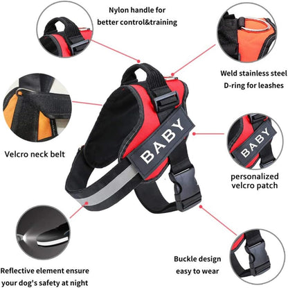 "Red adjustable no-pull dog harness with a customizable name patch. Features a strong nylon handle for control, a stainless steel D-ring for leash attachment, a secure buckle design, and a reflective strip for nighttime safety. Made from durable, breathable fabric for comfort. Ideal for small, medium, and large dogs."