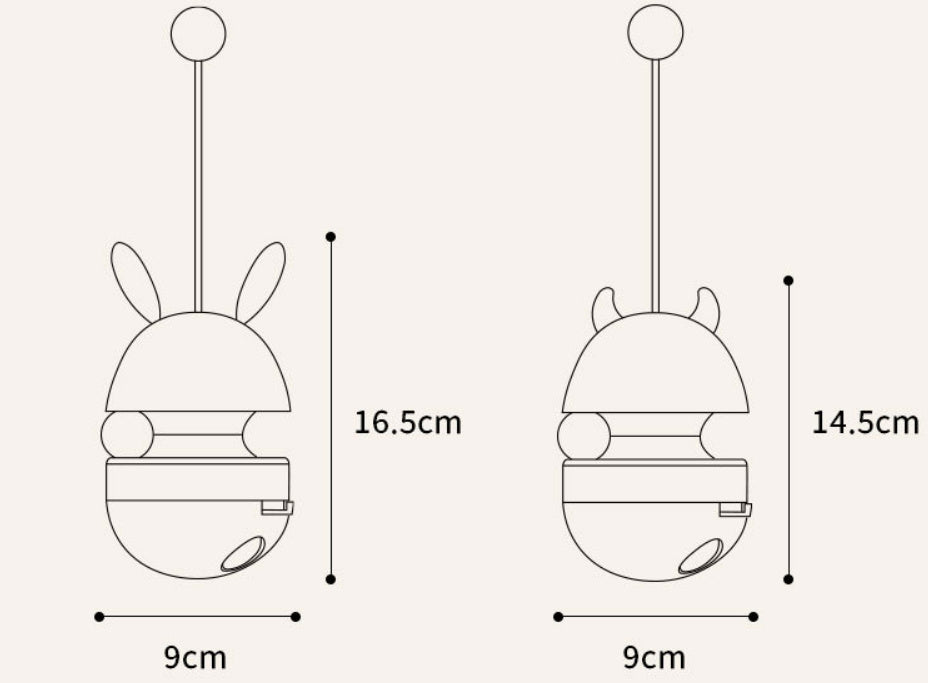 "Bunny-shaped interactive pet food tumbler with a wobbling base, treat dispenser, and playful stick with a yellow ball. Engages pets with fun and stimulating play."